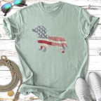 Light blue t-shirt with a dachshund silhouette made of American flag fabric.