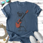 Pug playing a red electric guitar.