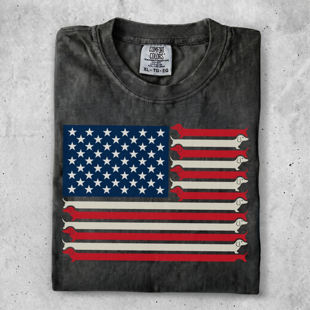 T-shirt with American flag design featuring dachshunds instead of stripes.