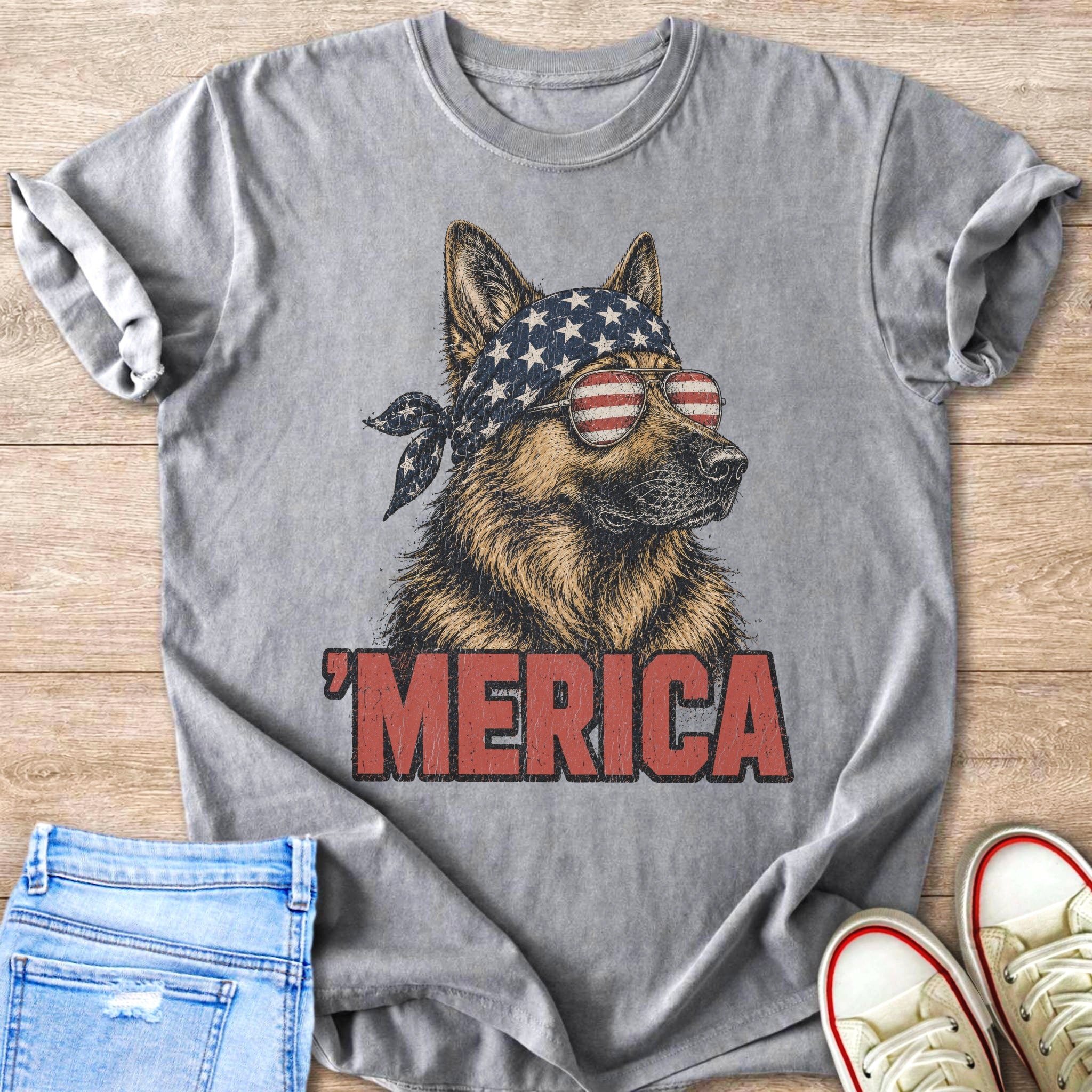 German Shepherd wearing American flag bandana and sunglasses, text reads "'MERICA".