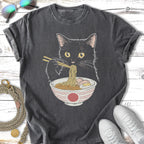 Black cat eating ramen noodles from a bowl with chopsticks.