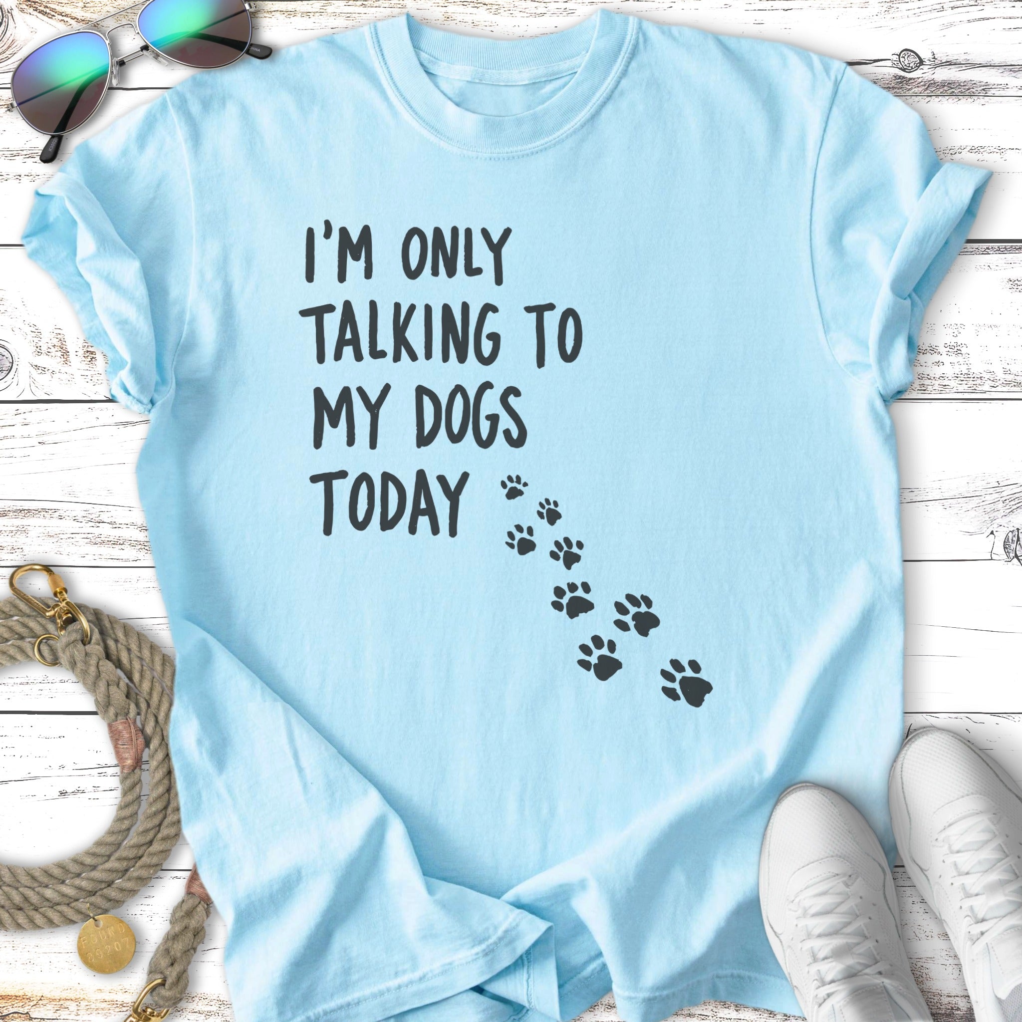 Light blue t-shirt with "I'm only talking to my dogs today" and paw prints.