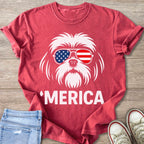 Red t-shirt with white graphic of dog wearing American flag sunglasses and text 'MERICA.