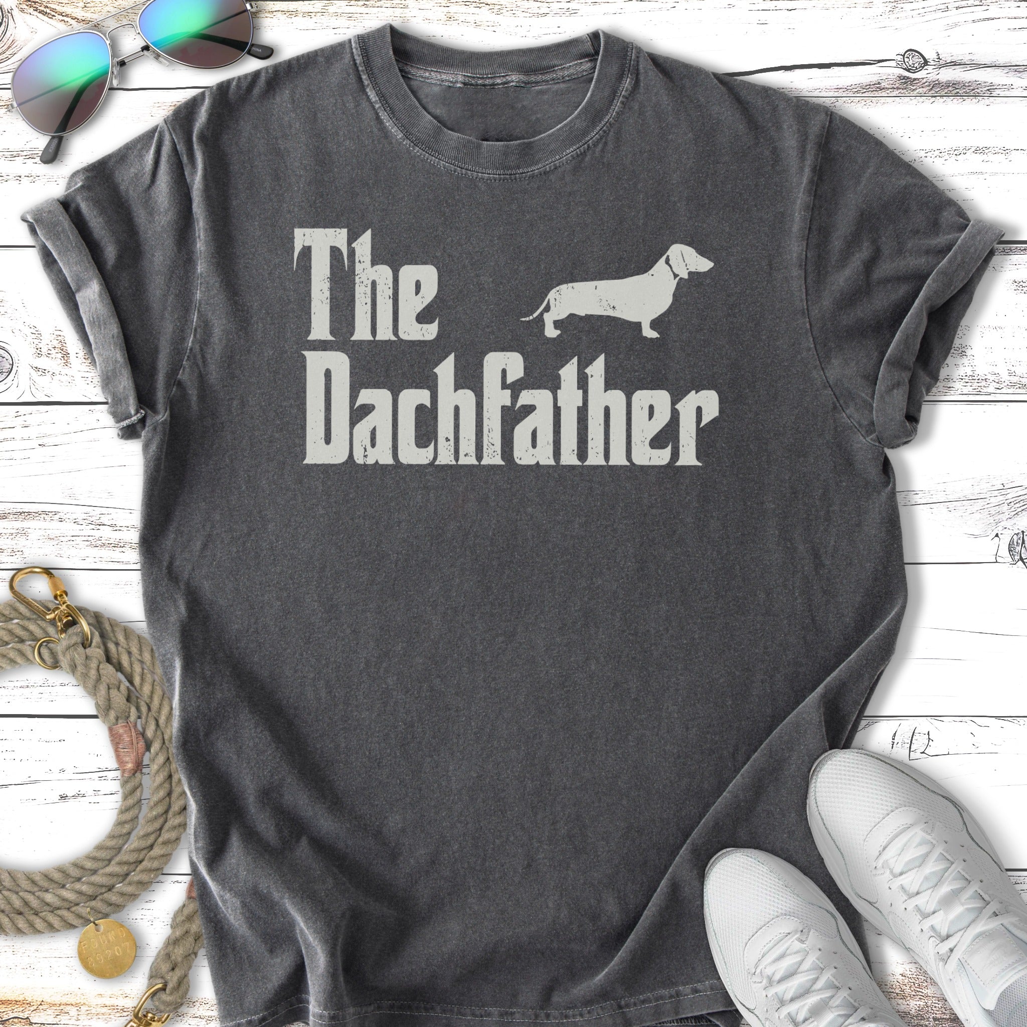 Black t-shirt with "The DachFather" and dachshund graphic.