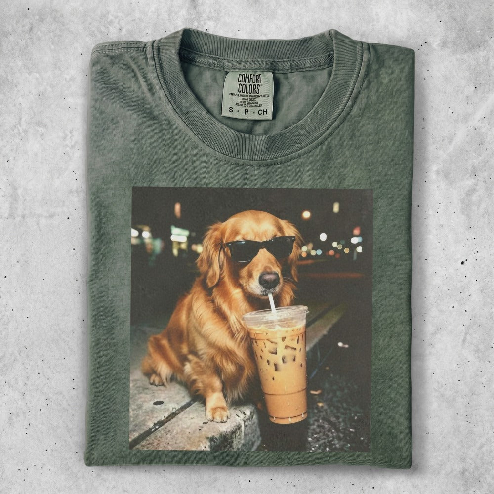Golden retriever in sunglasses drinks iced coffee.