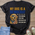 Golden retriever wearing American flag sunglasses and bandana, text says "My Dog is a Democrat".