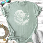Line drawing of a golden retriever blowing dandelion seeds on a light green t-shirt.