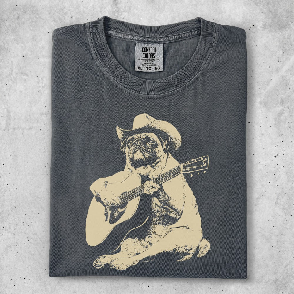 Pug wearing a cowboy hat plays an acoustic guitar.