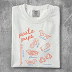 White t-shirt with pasta and dog breeds drawn in cartoon style.
