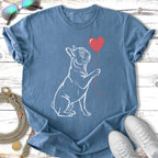 French Bulldog holding a red heart balloon, graphic tee.
