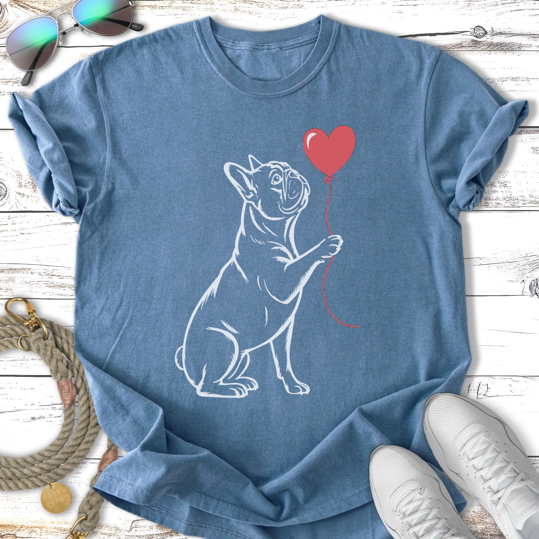 French Bulldog holding a red heart balloon, graphic tee.