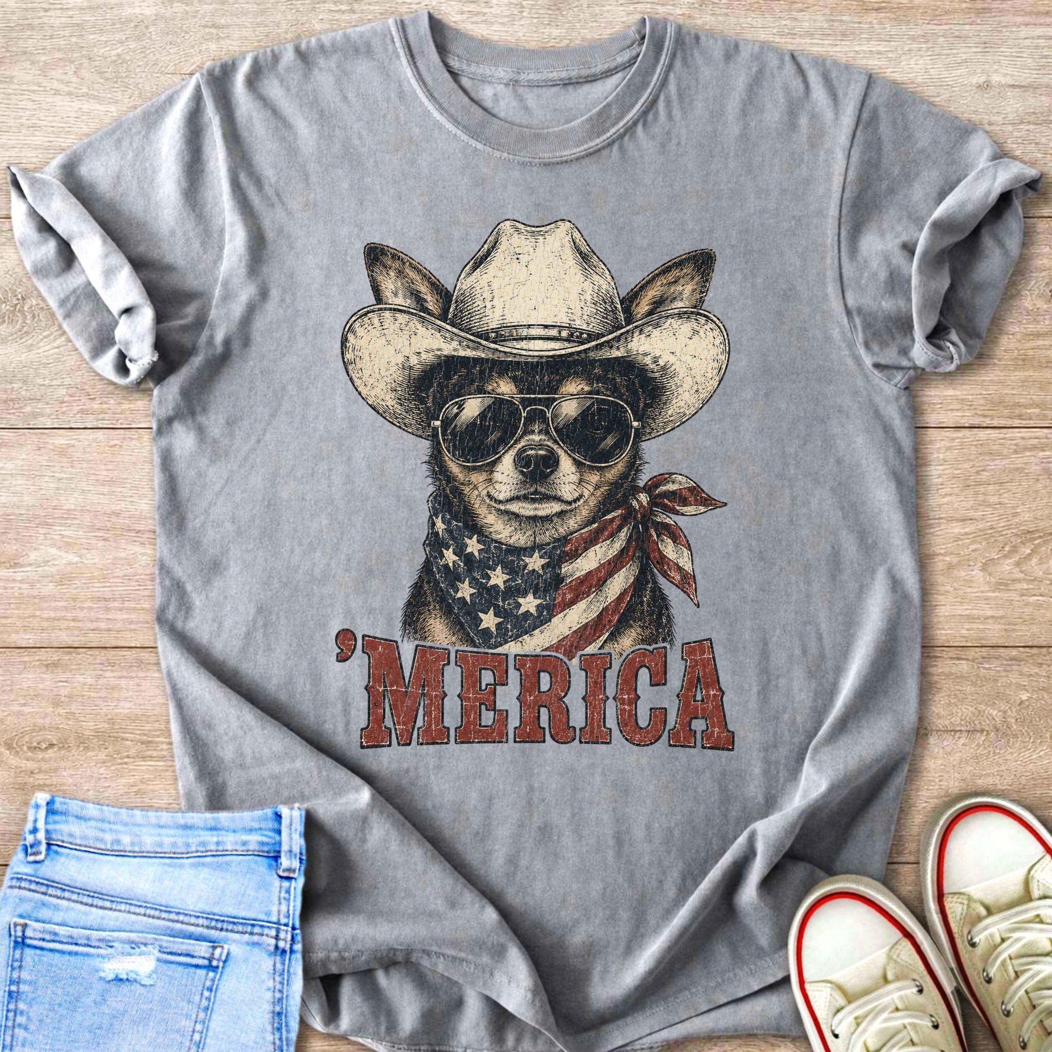 Distressed t-shirt with a chihuahua wearing a cowboy hat, sunglasses, and American flag bandana.