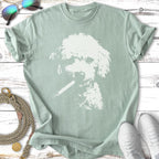 Pooch silhouette with cigarette on mint green t-shirt.