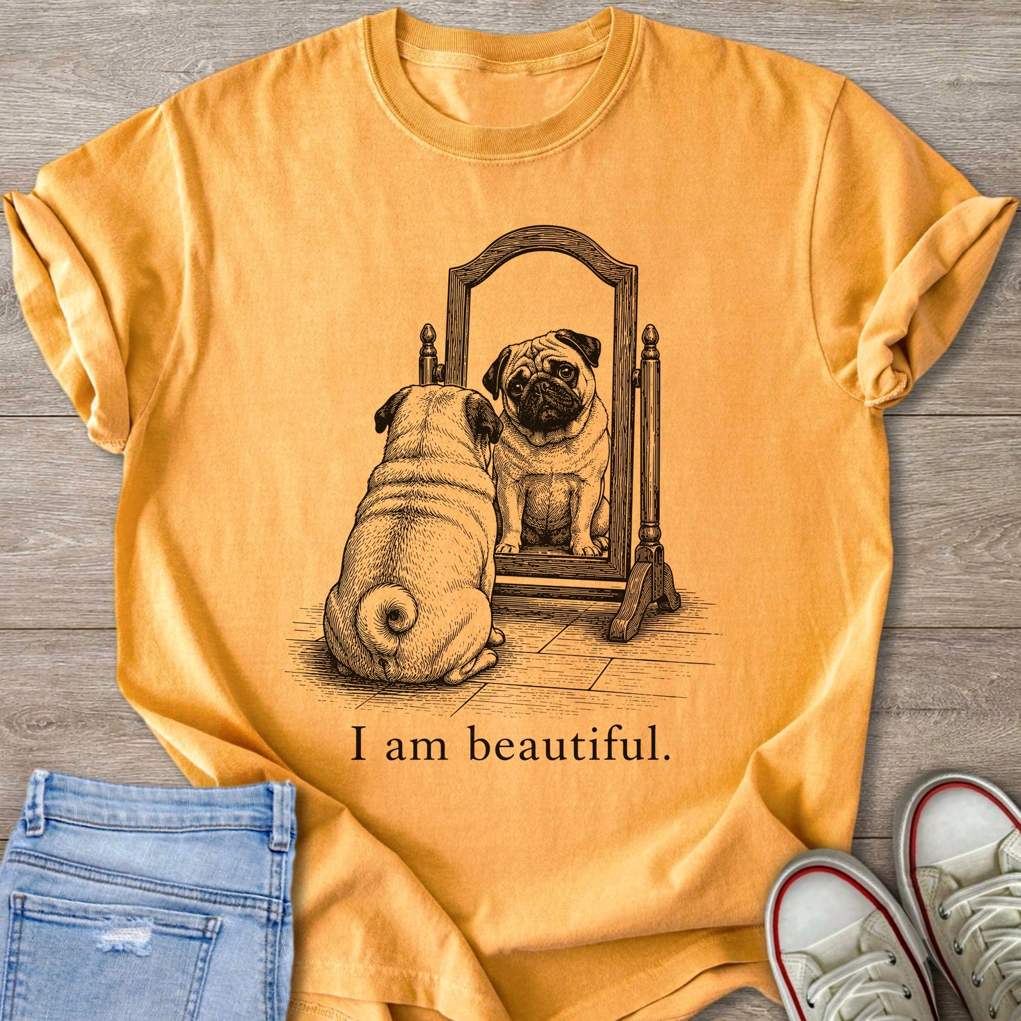 T-shirt with pug looking in mirror with text "I am beautiful."