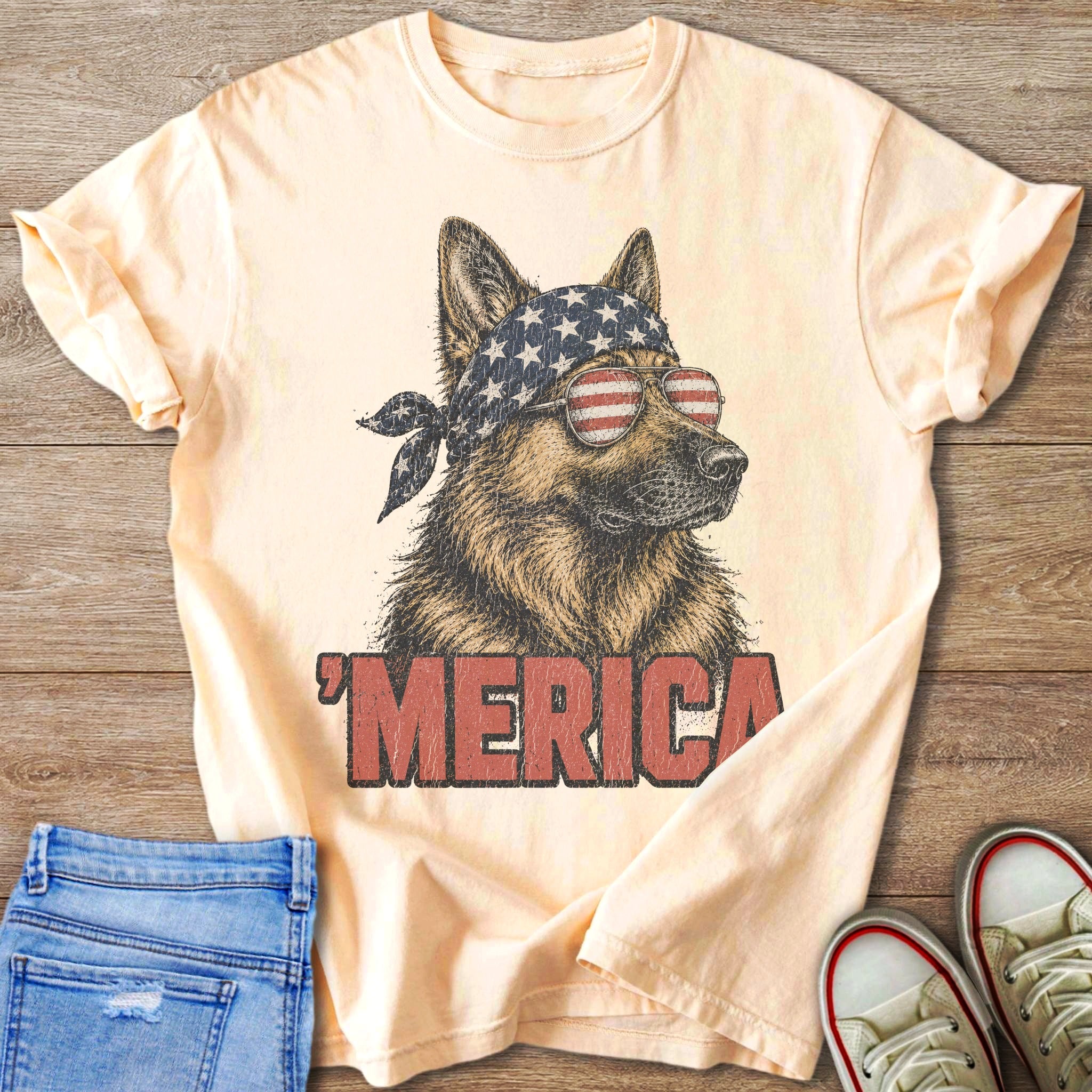 German Shepherd wearing American flag bandana and sunglasses, with "MERICA" text.