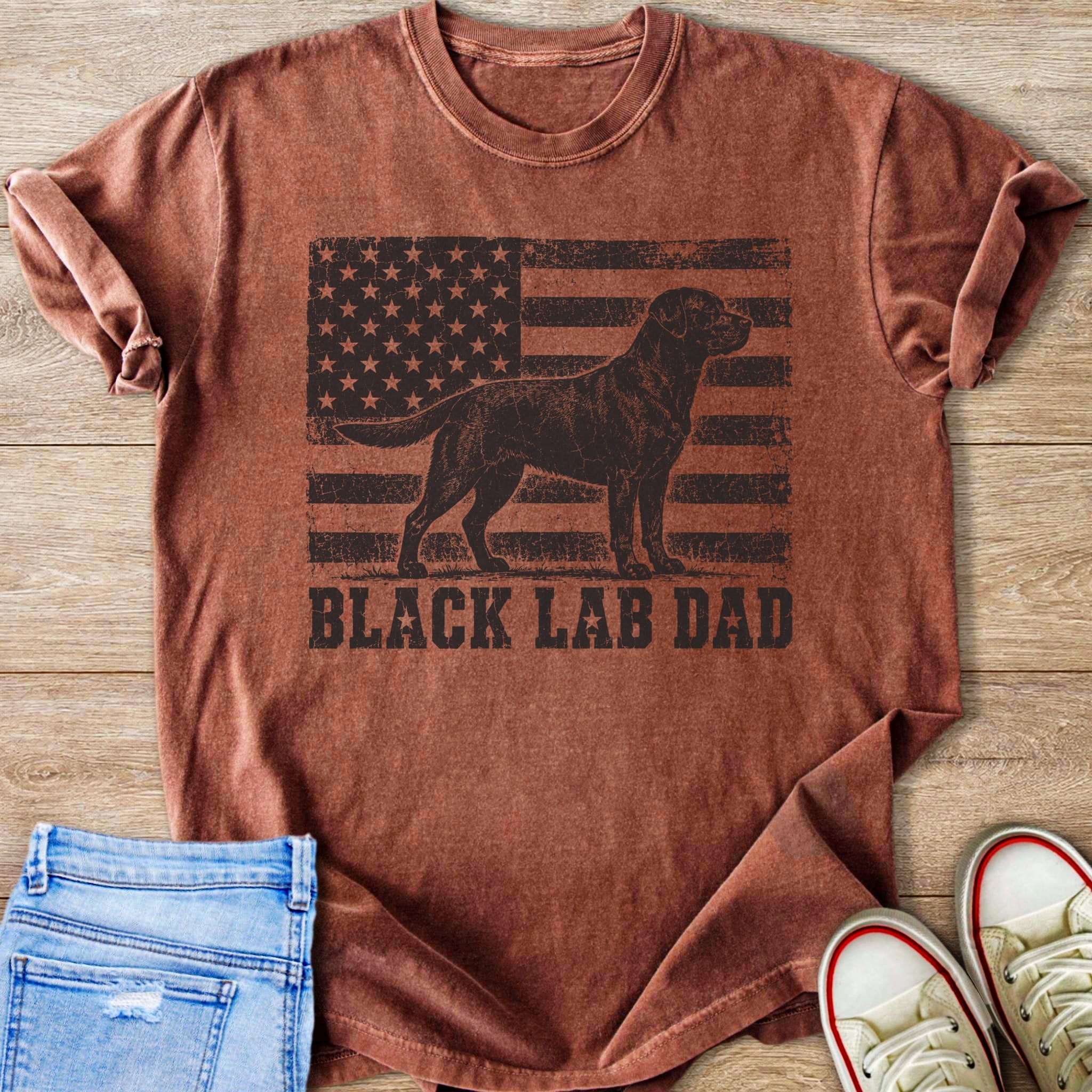 Black Labrador silhouette on distressed American flag with "BLACK LAB DAD" text.