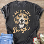 Dark grey t-shirt with a distressed beagle graphic and text "SAVE THE Beagles".