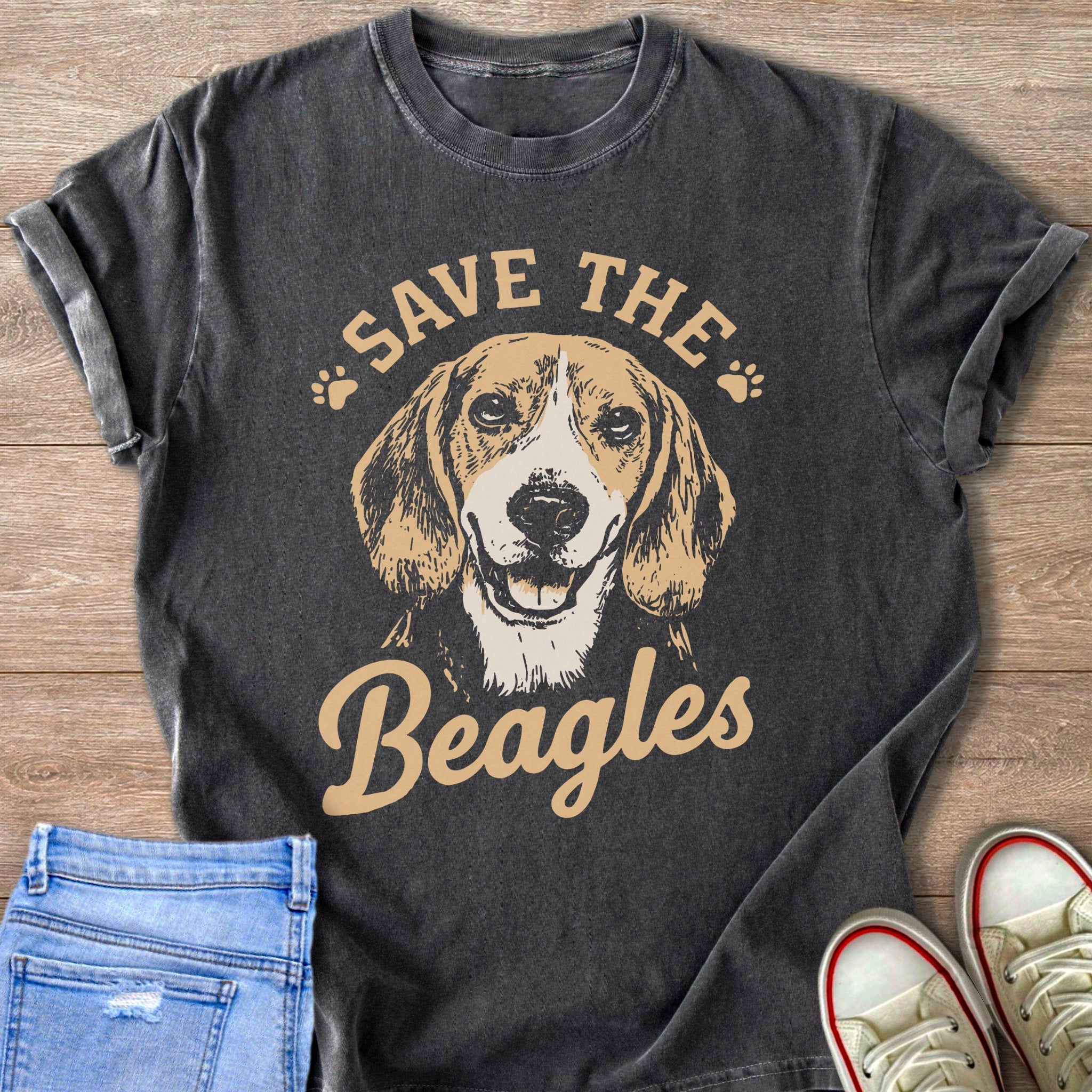 Dark grey t-shirt with a distressed beagle graphic and text "SAVE THE Beagles".