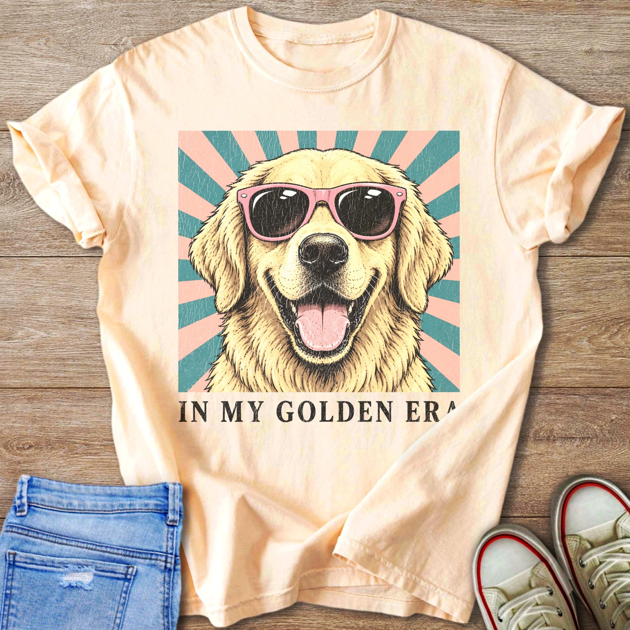 Golden retriever wearing pink sunglasses, text "IN MY GOLDEN ERA".
