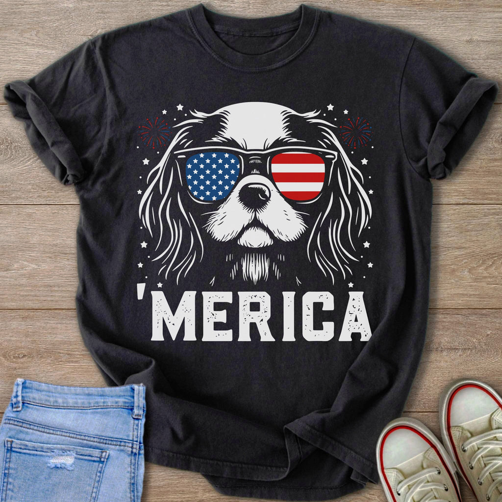 Black t-shirt with white dog wearing American flag sunglasses and text "'MERICA."