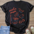 Dark t-shirt with red dachshunds illustrated as various pasta shapes and names.
