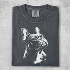 Charcoal t-shirt with a white line drawing of a French bulldog.