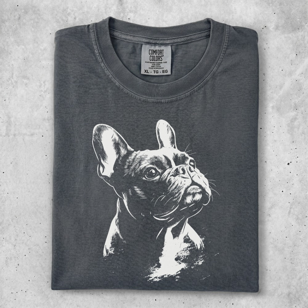 Charcoal t-shirt with a white line drawing of a French bulldog.