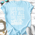 Light blue t-shirt with "LIFE GOAL PET ALL THE DOGS" and dog illustrations.