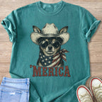 Teal t-shirt with a dog in a cowboy hat, sunglasses, and American flag bandana.