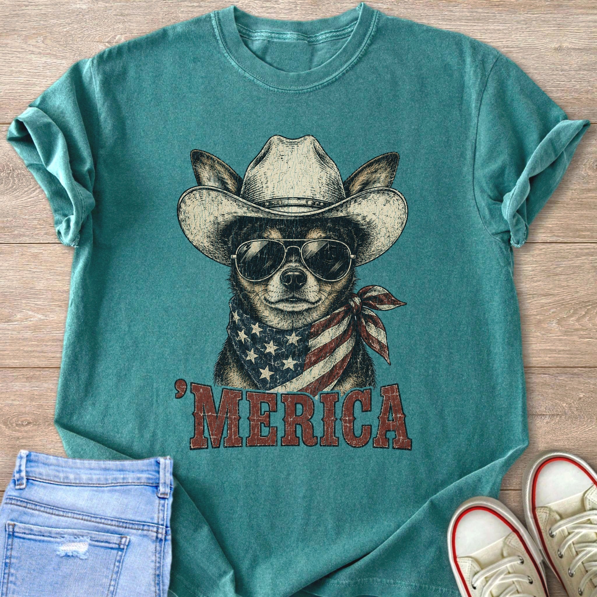 Teal t-shirt with a dog in a cowboy hat, sunglasses, and American flag bandana.