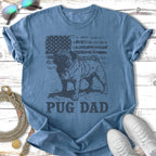 Distressed pug silhouette on American flag background, "Pug Dad" text.
