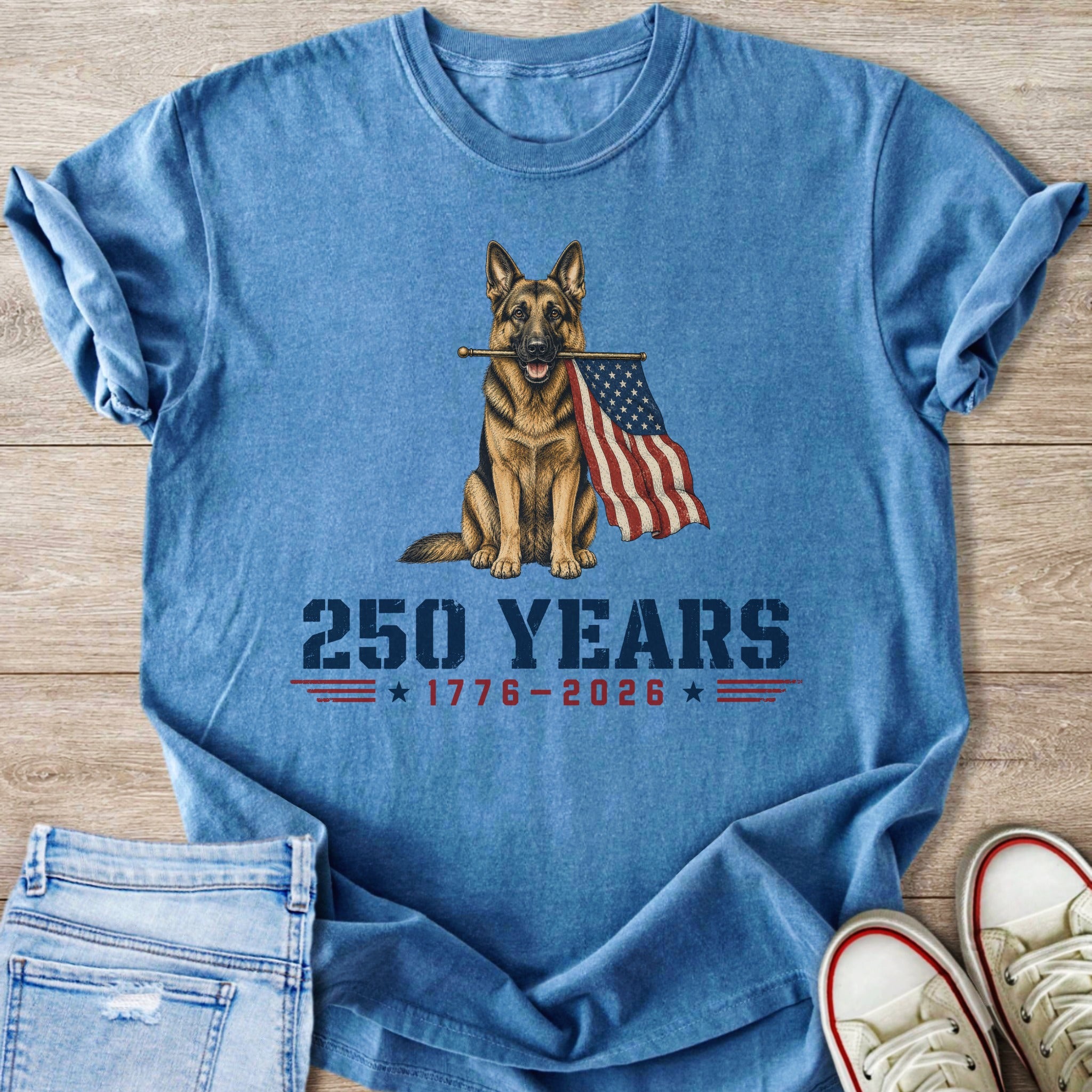 German Shepherd holding American flag, "250 Years 1776-2026" text.