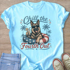 German Shepherd wearing sunglasses drinks a cocktail in a patriotic float, text "Chill the Fourth Out."