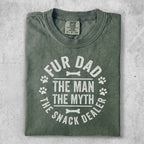 Green t-shirt with "Fur Dad The Man The Myth The Snack Dealer" text.