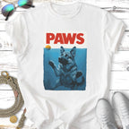 German Shepherd swimming with "PAWS" text above water.