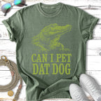 Green t-shirt with alligator graphic and "Can I pet dat dog" text.