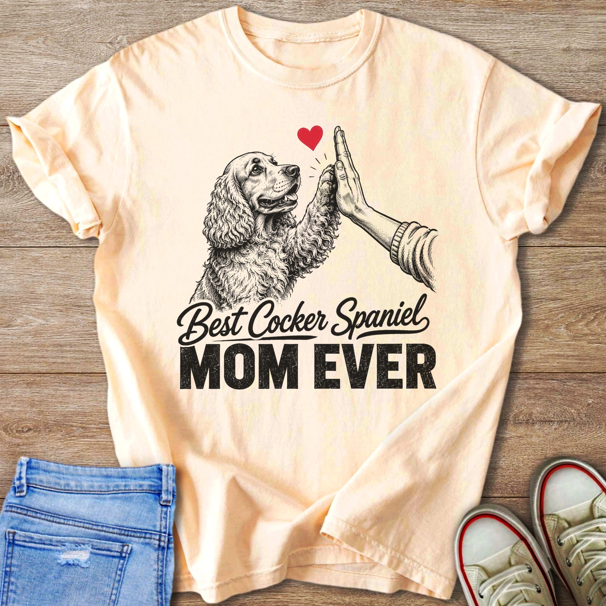 Light peach t-shirt with a drawing of a Cocker Spaniel giving a high-five, text says "Best Cocker Spaniel MOM EVER".