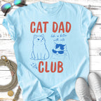 Light blue t-shirt with "CAT DAD CLUB" and two cartoon cats.