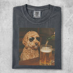 Dog wearing sunglasses being served a beer from a bottle.