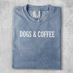 Comfort Colors grey t-shirt with "DOGS & COFFEE" printed on the chest.