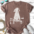 Golden Retriever playing drums on a white background.