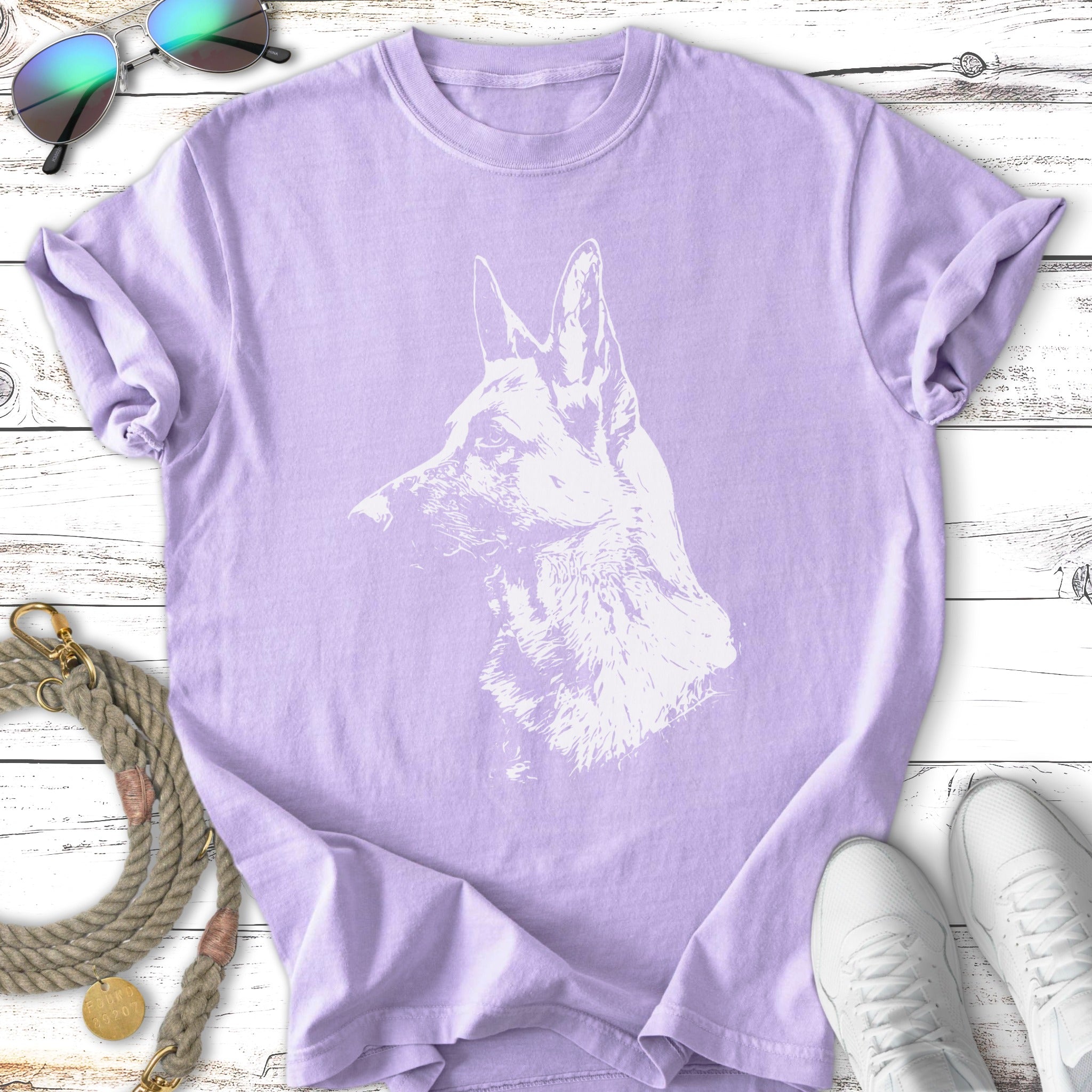 Purple t-shirt with a white German Shepherd dog silhouette.