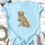Light blue t-shirt with golden retriever wearing "I Love Mom" tattoo.