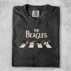 T-shirt with the Beatles Abbey Road album cover reimagined with beagles.