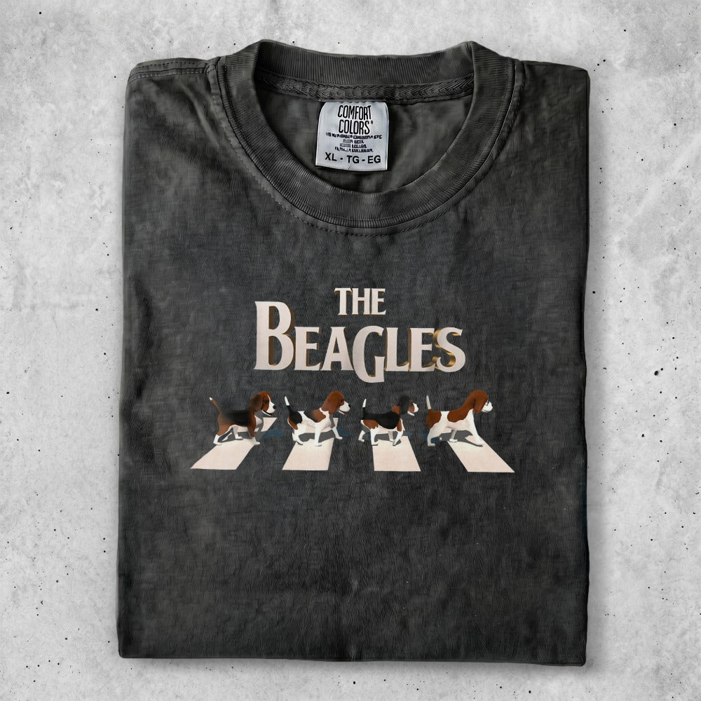 T-shirt with the Beatles Abbey Road album cover reimagined with beagles.