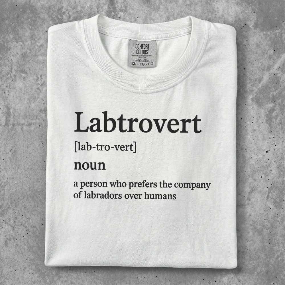 White t-shirt with "Labtrovert" definition.