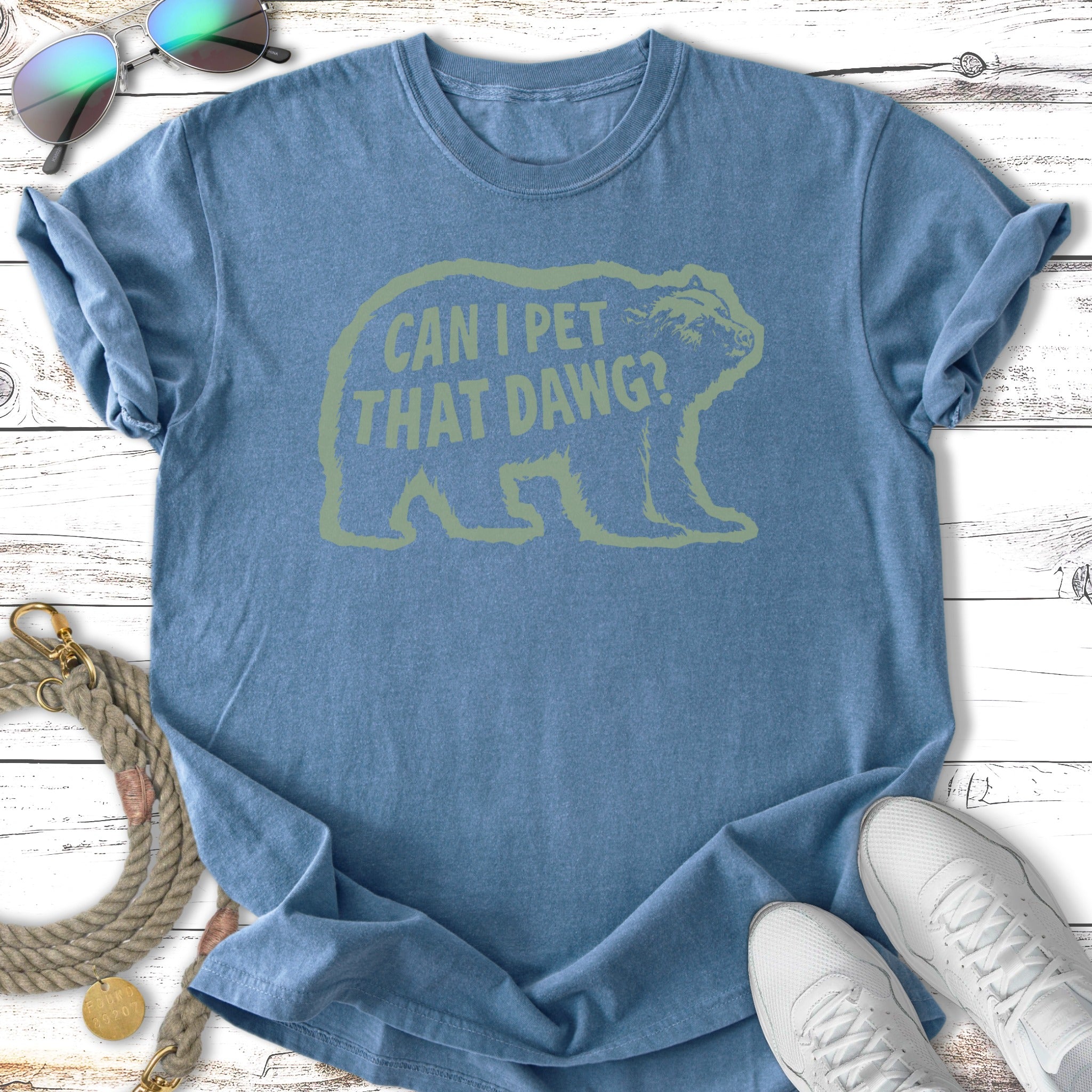 Blue t-shirt with a bear silhouette and text "CAN I PET THAT DAWG?".