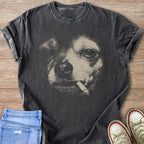 Dark grey t-shirt with a light tan graphic of a dog with a cigarette in its mouth.
