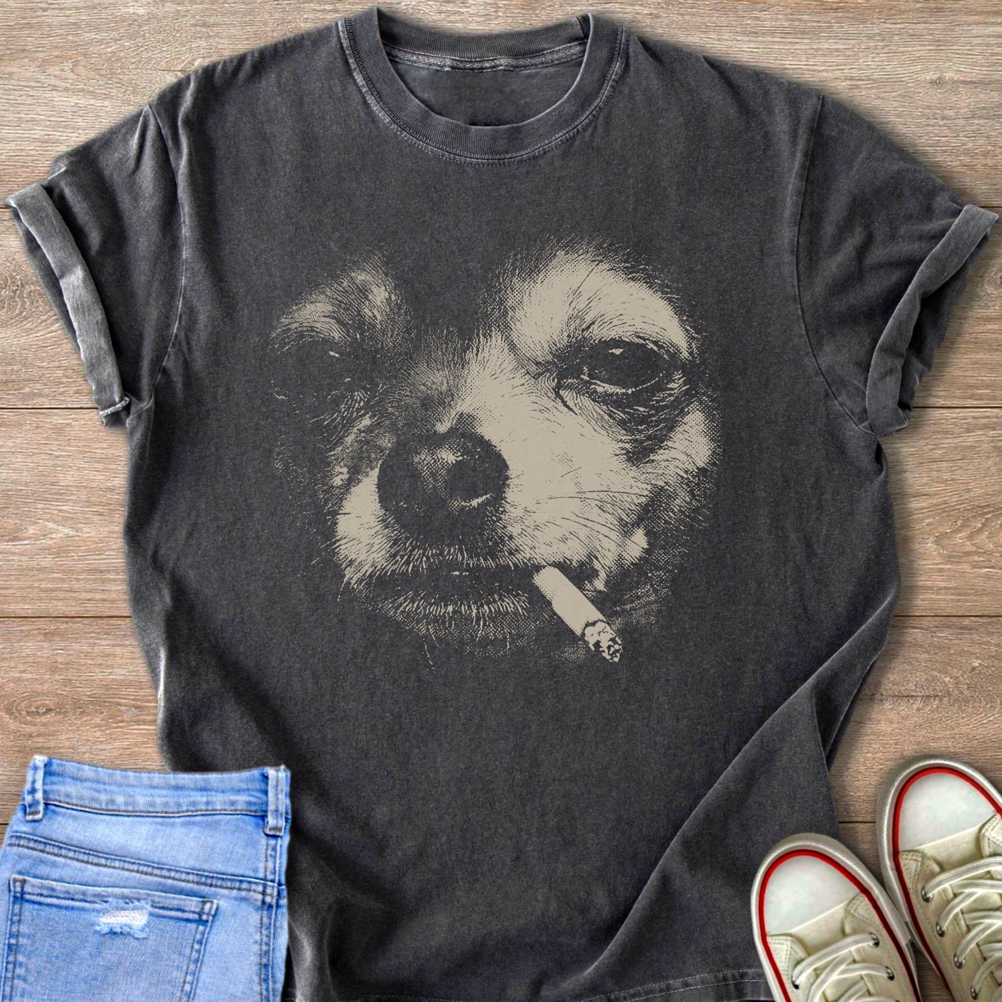 Dark grey t-shirt with a light tan graphic of a dog with a cigarette in its mouth.