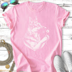Pink t-shirt with a German Shepherd holding a dandelion illustration.